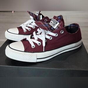 Converse Low Top Sneakers - Burgundy with White Accents and Plaid Lining